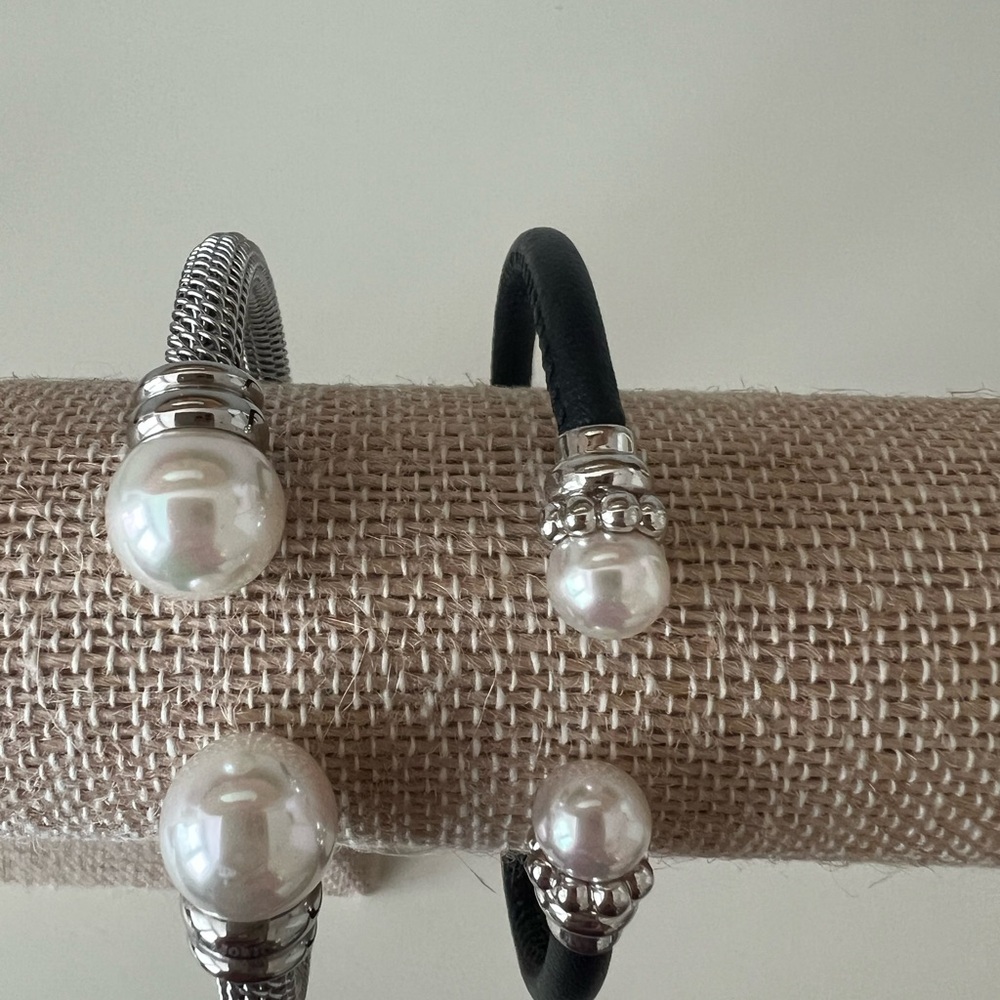 Classy Majorca Pearl Rhodium-plated and Leather Bracelet Set - Picture 2 of 2